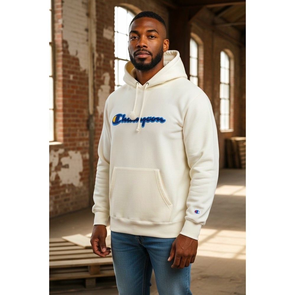 Champion Reverse Weave Men's 2XL White Pullover Fleece Hoodie Logo Pockets GF68